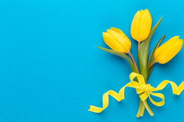 Yellow tulips on blue background. Spring greeting card. Top view. Copy space