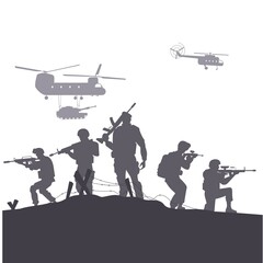 Naklejka na ściany i meble A group of soldiers during war or conflict. A group of armed soldiers and military helicopter silhouettes behind them. Isolated vector illustration