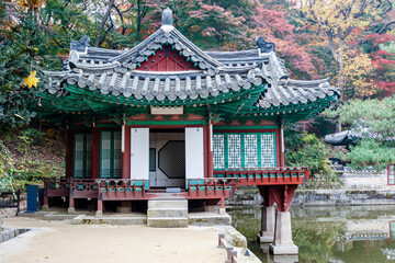 Buyongjeong Pavilion and the Buyongji Pond in the secret garden of Changdeokgung palace in Seoul, South Korea, Asia