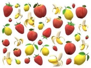 Fototapeta na wymiar 3D illustration. Various sizes and colors silhouettes of a fruits on a white background. Fruit cocktail of an apple, lemon, strawberry and banana fruits. Colorful pattern. Wrapping paper design.