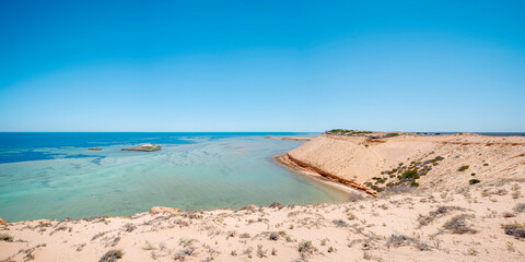 Scenic view of Indian ocean with turquoise water. Tropical landscape at Eagle Bluff lookout, Shark Bay World Heritage Site, Western Australia