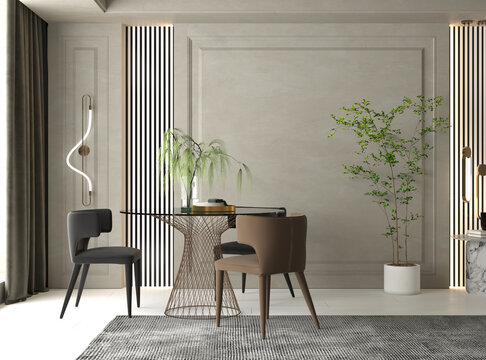 3d rendering of dining interior design with mock up wall