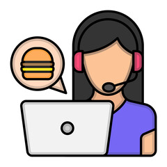 Hotel hotline Concept, Call Center for Food Ordering vector color icon design, Retail Food delivery service symbol, Touch less Meal Courier Sign, Grocery pickup stock illustration,Girl Wearing Headset