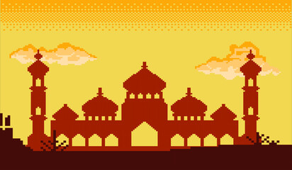 Ramadan pixel art there is a magnificent mosque building and such a beautiful sky