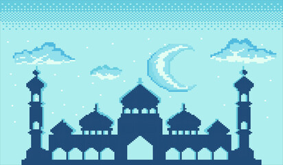 Pixel art ramadan background with mosque building shadows, blue sky and very beautiful moon