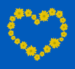 Ukraine flag. No war in Ukraine story size poster design. Ukraine flag from yellow flowers arranged into heart shape. Stop War.