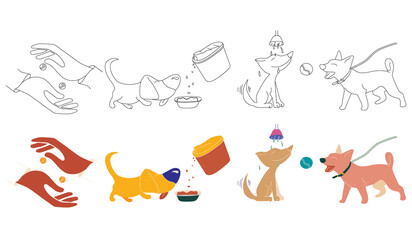 Vector illustration, icons for dog care service in color and line, walking, grooming, feeding, payment for services