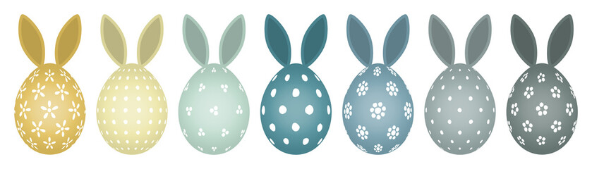 Fototapeta premium Set 7 Bemalte Ostereier Hasenohren Punkte/Blumen Bunt Senf Petrol Grau