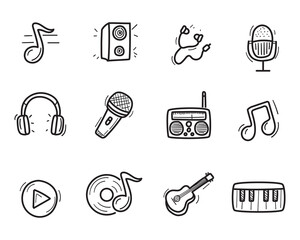 Set of music and sound icon in cute doodle style isolated on white background