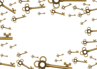 Key border with gold skeleton key isolated on white