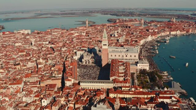 Pan down drone shot over San Marco square Venice Italy