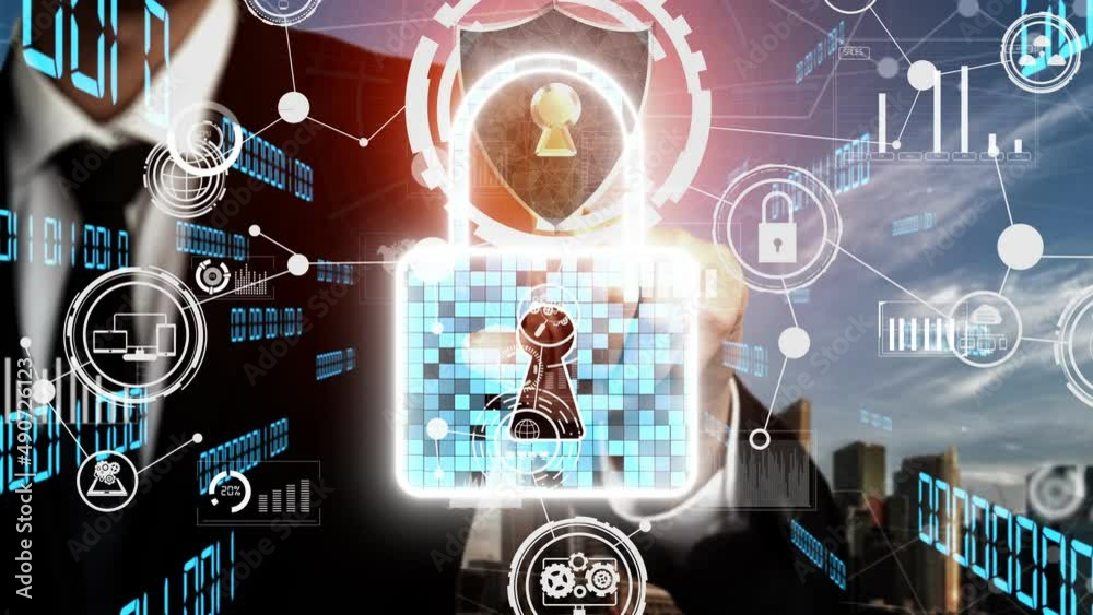 Poster cyber security encryption technology to protect data privacy conceptual . 3d render computer graphic