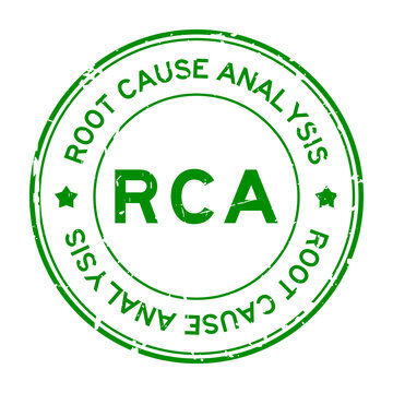 Grunge green RCA root cause analysis word round rubber seal stamp on white background