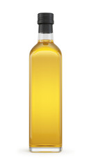 Olive oil glass bottle isolated on white. Mockup template design. 3d rendering