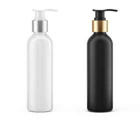 Black and white bottles with batcher pump, with gel, soap, body wash, lotion, shampoo, on a white background. Template mockup - 3d rendering.
