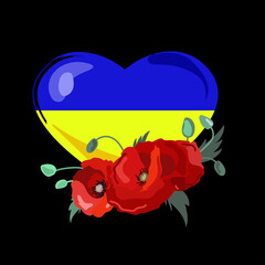 Ukrainian flag in the shape of a heart with red flowers poppies on a black background.Patriotic Ukrainian sign emblem.Stop the war in Ukraine concept.Vector illustration
