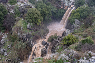 View of Saar Waterfall in winter after two days of strong raining, Golan Heights, Israel