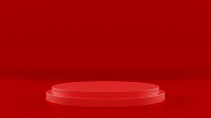 Circle of platform display with modern stand podium on red room background. Blank Valentines Day stage backdrop or empty product shelf. 3D rendering