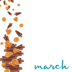 Illustration of orange slices and cinnamon sticks with realistic watercolor. Design from the unit to the whole.Typography of the word March, written with a brush.
