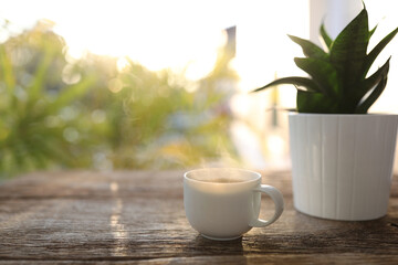 coffee cup with smoke and plant pot