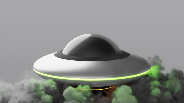 Flying saucer is an UFO on grey background that has landed on the ground in green smoke. Video with a copy space in high resolution in Full HD, 25 FPS.