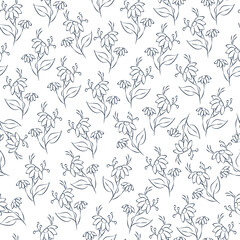 Vector blue illustration. Floral seamless pattern. Bouquet of wild flowers. Hand drawn flower field. Simple flowers. Flowering heads of field chamomile. Outline drawing.