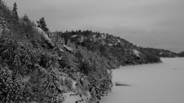 Mountain Lake Dingle Snow Covered Trees Sweden Black and White