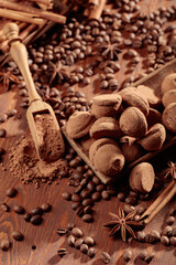 Chocolate truffles and a wooden spoon with cacao powder.