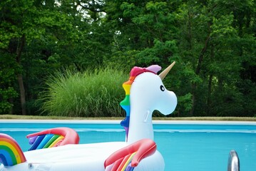 unicorn inflatable floating in a backyard swimming pool