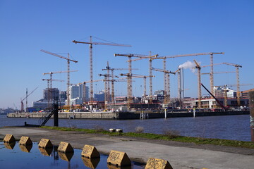 Hamburger Hafen mit Kr&auml;nen bei sch&ouml;nem Wetter