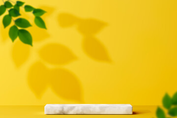 White 3d podium empty with green leaves shadow on yellow abstract background. Copy space of product mock up presentation.