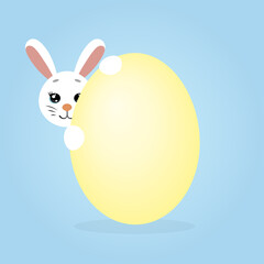 A cute bunny peeping out from behind a giant egg, a white Easter rabbit with a yellow egg on a green background