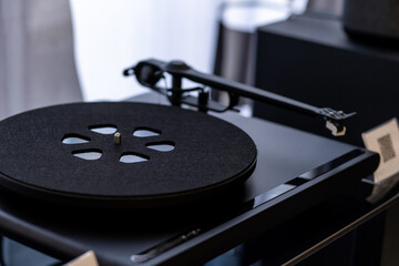 close-up of the details of the record player