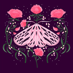 Moth and floral motifs, pattern design in symmetry. Colorful flat vector illustration with moth, flowers, floral elements and stars. - 490732341