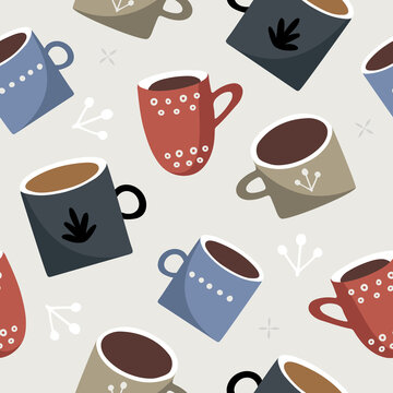 Hand drawn seamless pattern with different cute mugs and cups with hot drinks