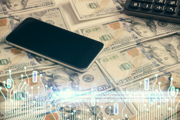 Double exposure of data theme drawing over us dollars bill background. Technology concept.