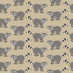 Raccoon seamless pattern. Vector illustration. Animal. Cartoon style character. Textile design, wallpaper design, wrapping paper design. Grey, light brown, beige color background.