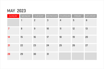 May 2023 calendar template. May 2023 layout. Printable monthly planner. Desk calendar design. Start of the week on Sunday.