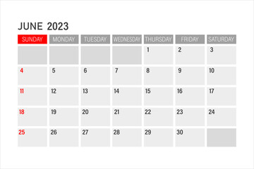 June 2023 calendar template. Layout for June 2023. Printable monthly planner. Desk calendar design. Start of the week on Sunday.
