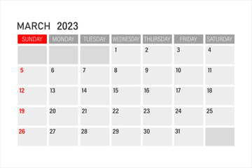Calendar template for March 2023. Layout for March 2023. Printable monthly planner. Desk calendar design. Start of the week on Sunday.