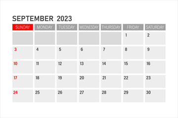 Calendar template for september 2023. Layout for september 2023. Printable monthly planner. Desk calendar design. Start of the week on Sunday.