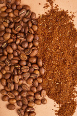 Coffee Beans and Grounds. Copy space. Top view