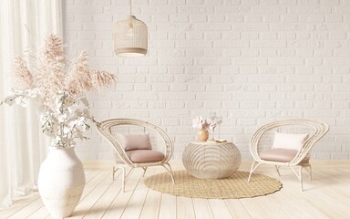 minimal style living room interior background, wall stone white and chair rattan, 3d rendering