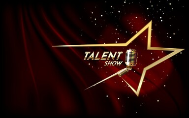 Golden talent show text in the star over red curtain. Event invitation poster. Festival performance banner.