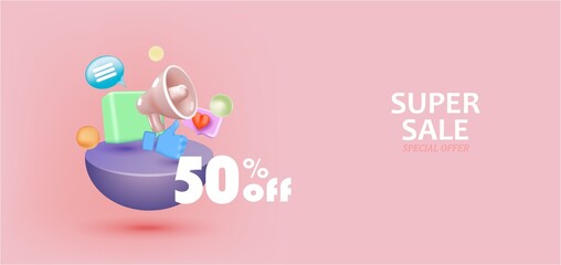 3D Sale gold design with megaphone. gift boxes and thumbs up hand.