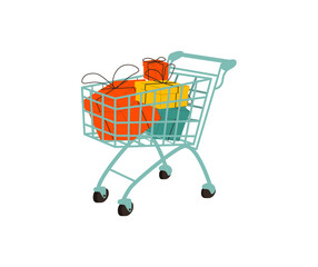 Sale background. Cart with gift boxes, paper bags, presents. Winter, summer, autumn, spring sale concept.