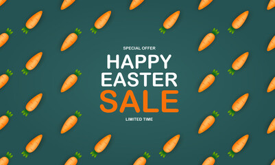 Easter Sale poster template with 3d Cute Carrot. Template for advertising, poster, flyer, greeting card. Illustration