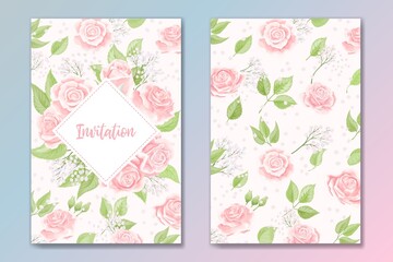 Set of two cards for wedding invitation, birthday greeting with rose flowers