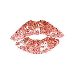 Red lipstick kiss on white background.