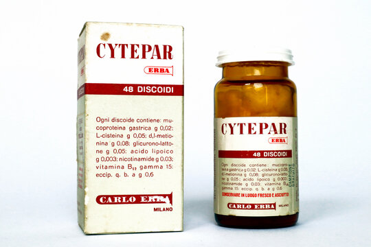 Vintage 1962 CYTEPAR ERBA, medicine with Gastric mucoprotein, Nicotinamide, Methionine, Vitamin B12 for the treatment of cirrhosis, hepatitis. CARLO ERBA &ndash; Milan (Italy)